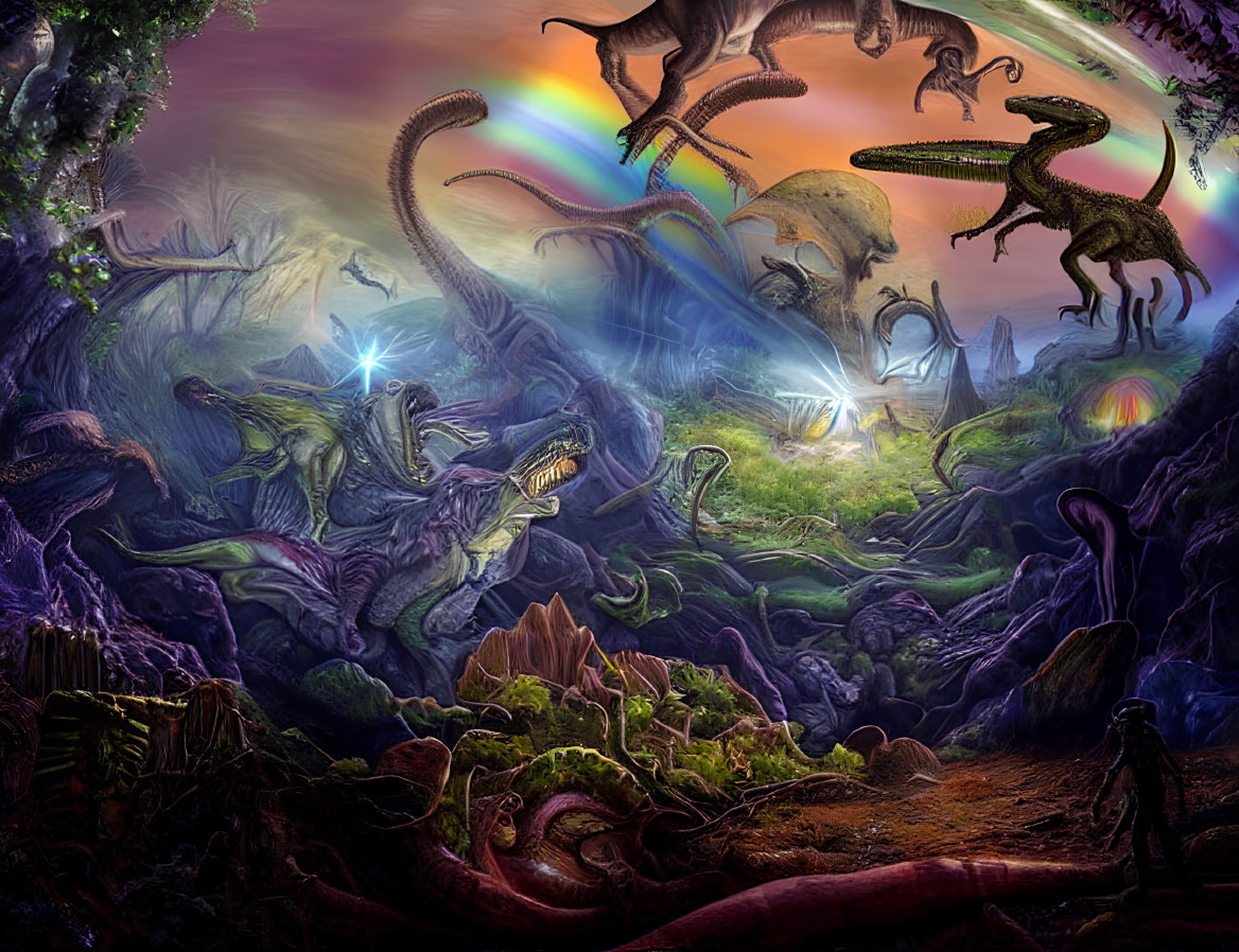 Vibrant prehistoric dinosaur scene with alien-like vegetation