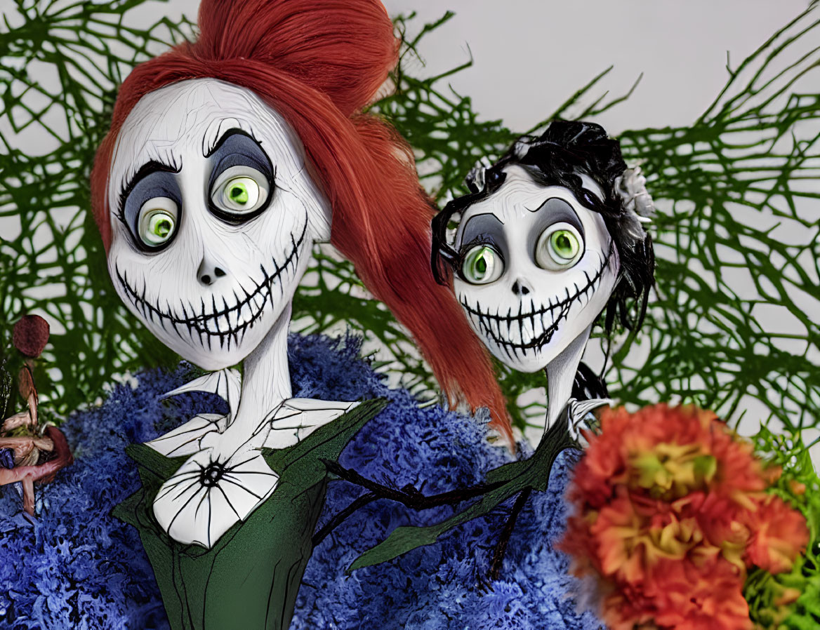 Spooky Jack and Sally lookalikes in colorful foliage