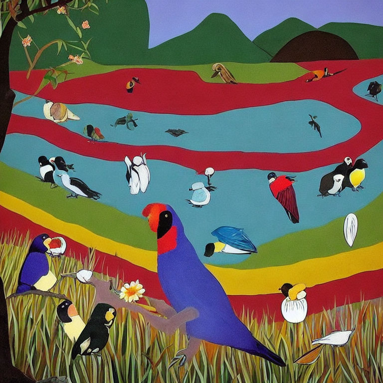 Vibrant bird-themed painting with river, mountains, and flowers