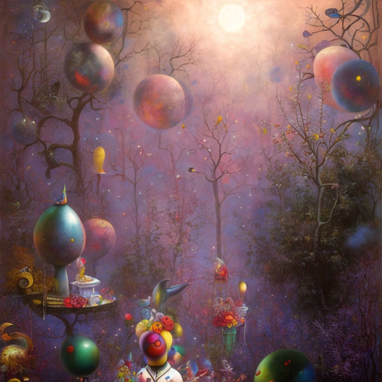 Colorful Forest with Floating Spheres and Tea Tray in Dreamy Sky