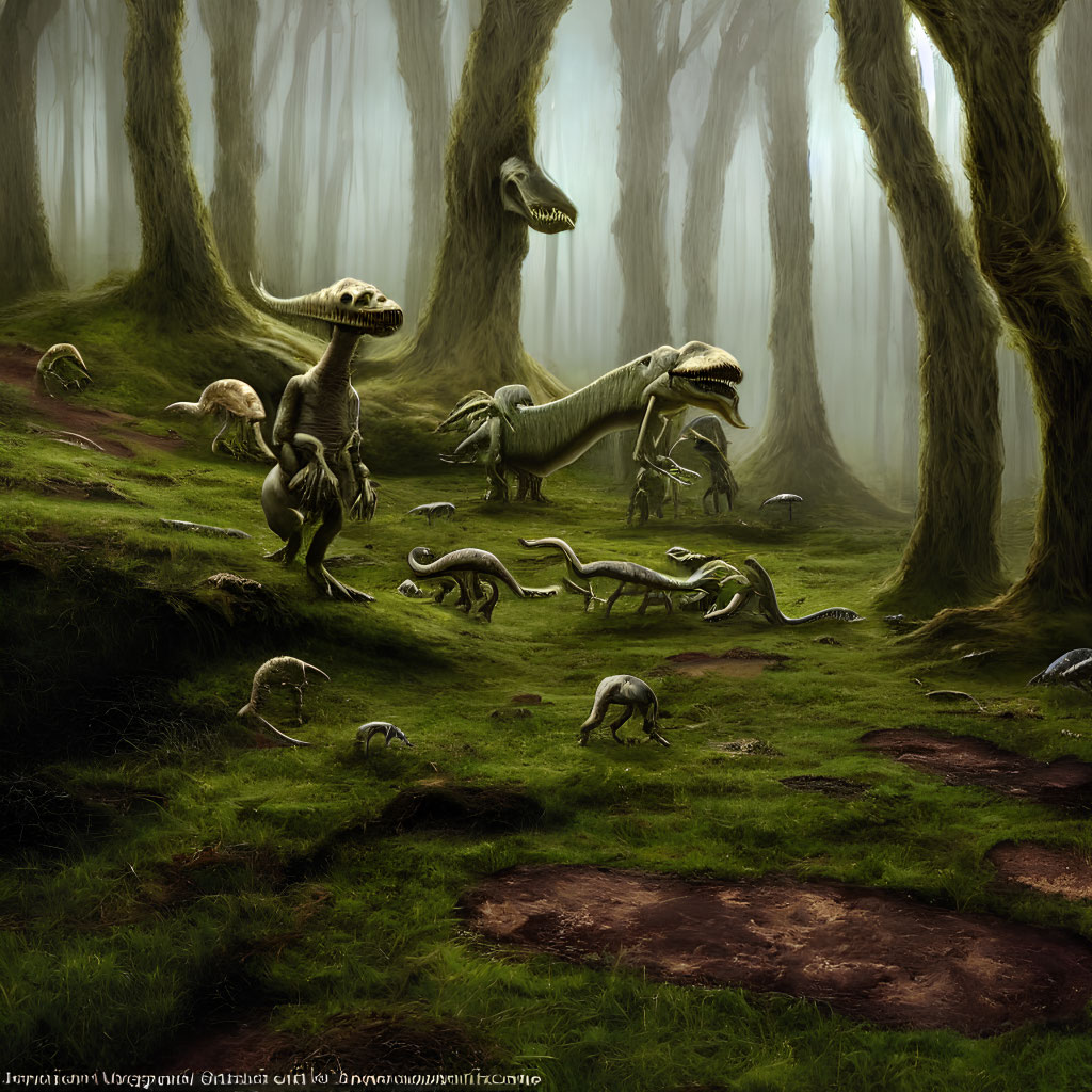 Various dinosaurs in misty forest with tall trees and filtered sunlight - a prehistoric scene