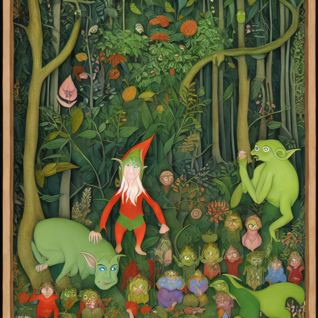 Whimsical forest scene with green creatures in lush vegetation