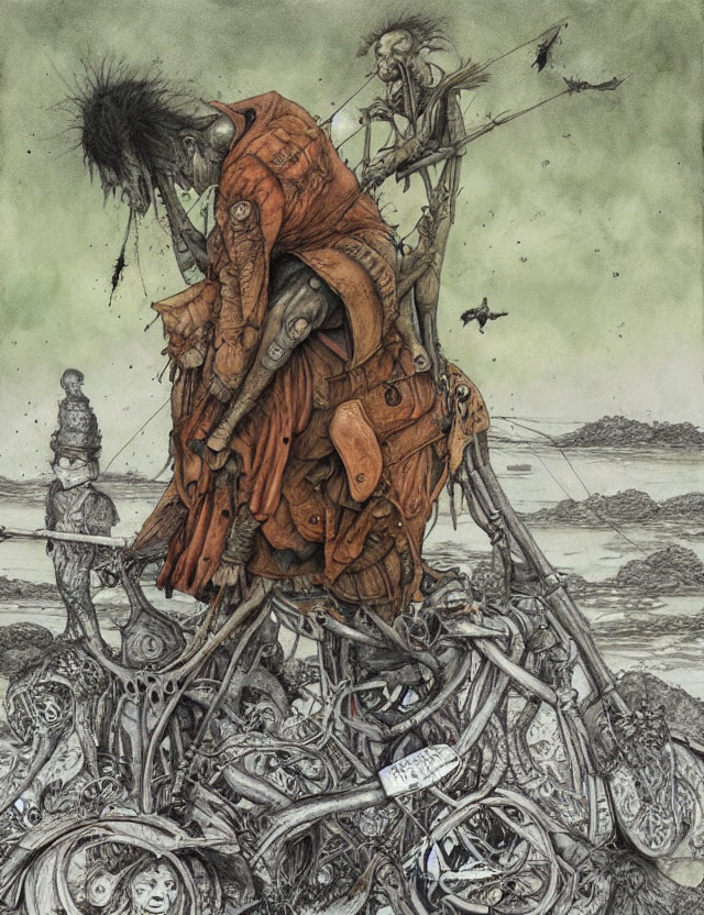 Worn warrior in orange armor on mechanical debris with desolate background