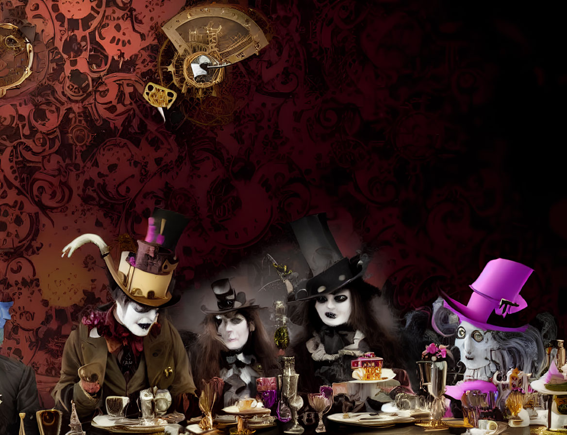 Dark Gothic-Style Tea Party Illustration with Eccentric Characters and Floating Clocks