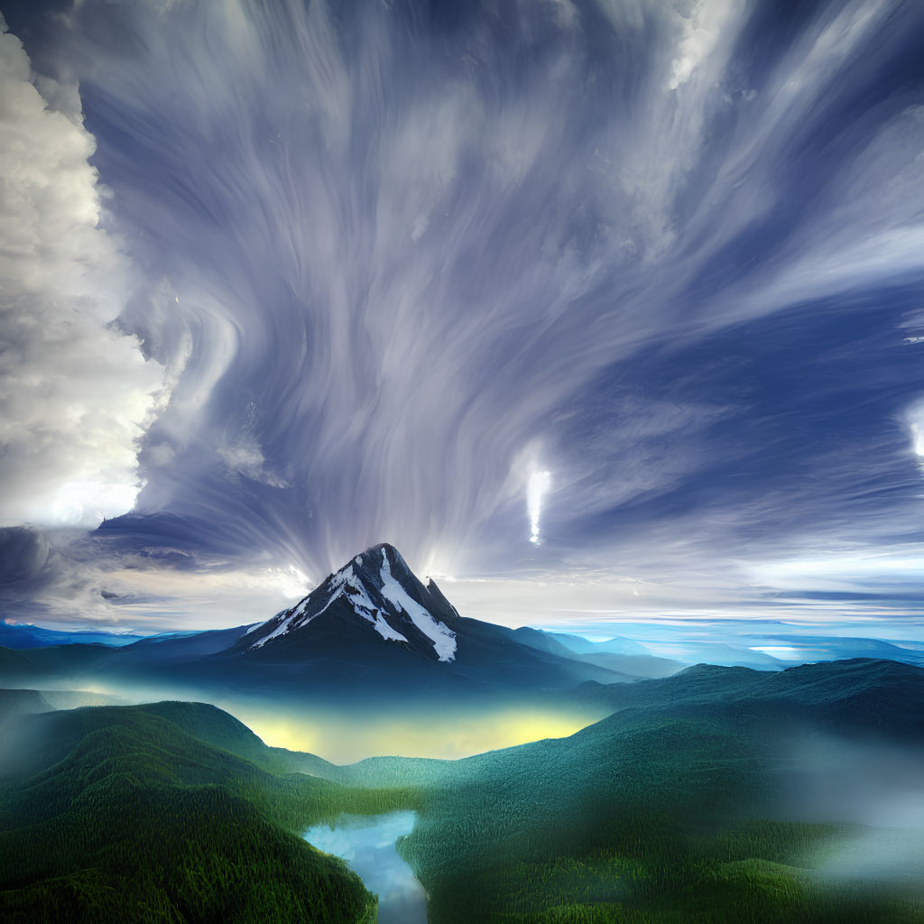 Majestic mountain under dramatic sky with swirling clouds and sunlight piercing through, overlooking lush forest and river