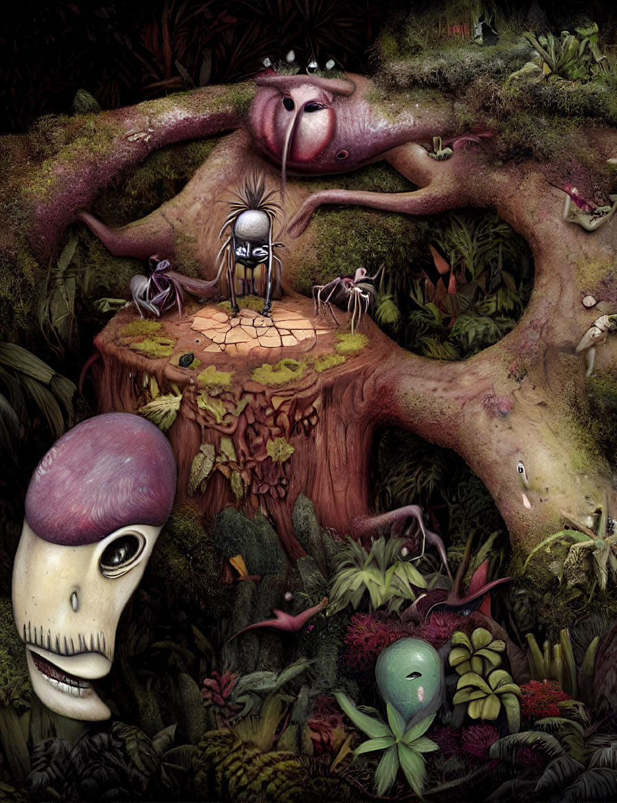Fantastical forest with anthropomorphic trees and creatures in vivid colors