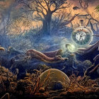 Fantasy scene featuring dinosaurs, lush vegetation, and transparent clock overlay