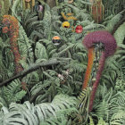 Vibrant tropical forest with hidden figures among lush greenery