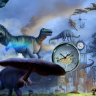 Surreal landscape with floating clocks, dinosaur, and jellyfish-like plants