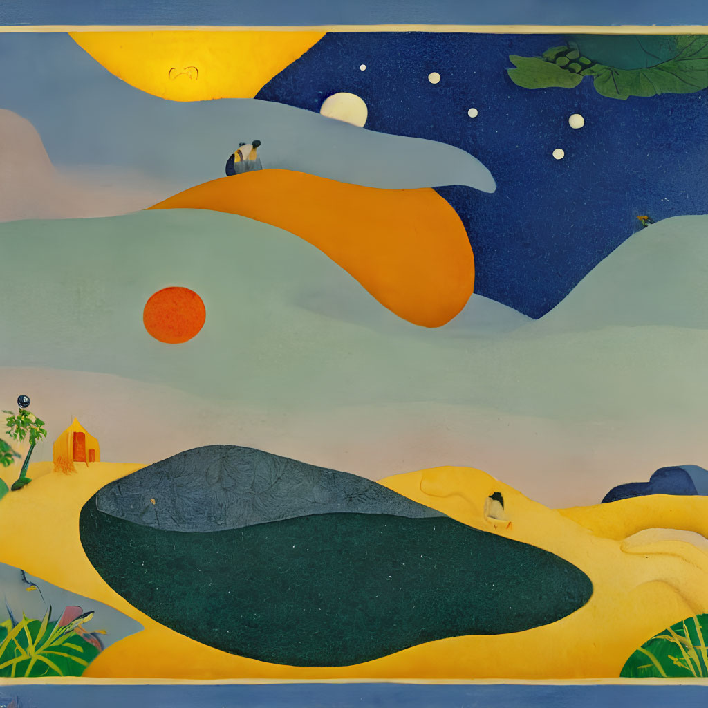 Colorful landscape painting with rolling hills, house, figures, pond, and starry sky