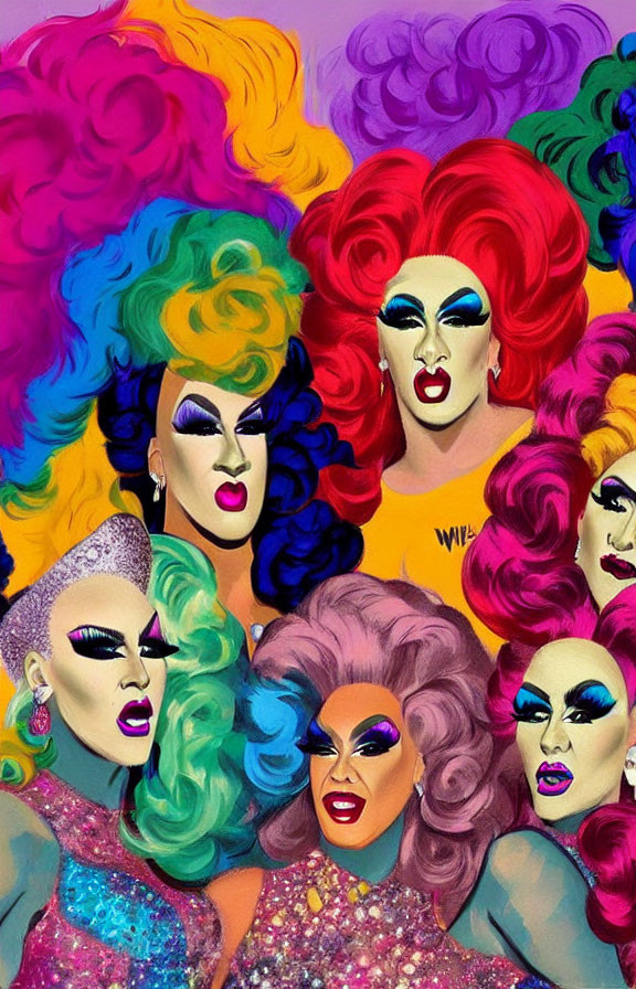 Vibrant drag queens in colorful makeup and wigs