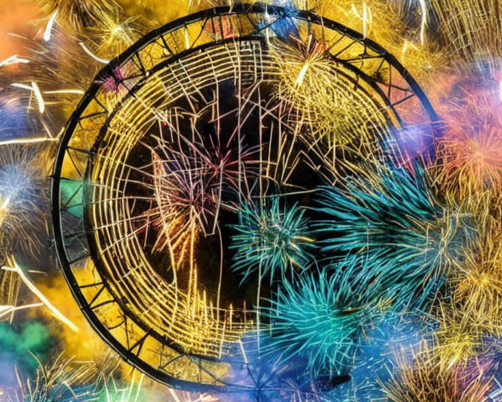 Colorful fireworks illuminate night sky with Ferris wheel silhouette