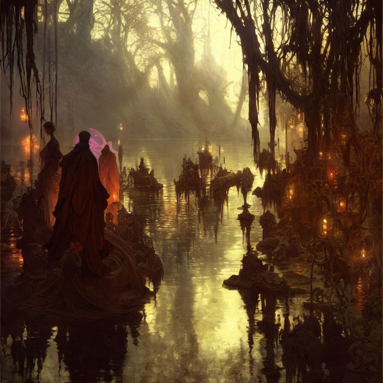 Mystical swamp with lanterns, cloaked figures on boat, dense trees & hanging moss