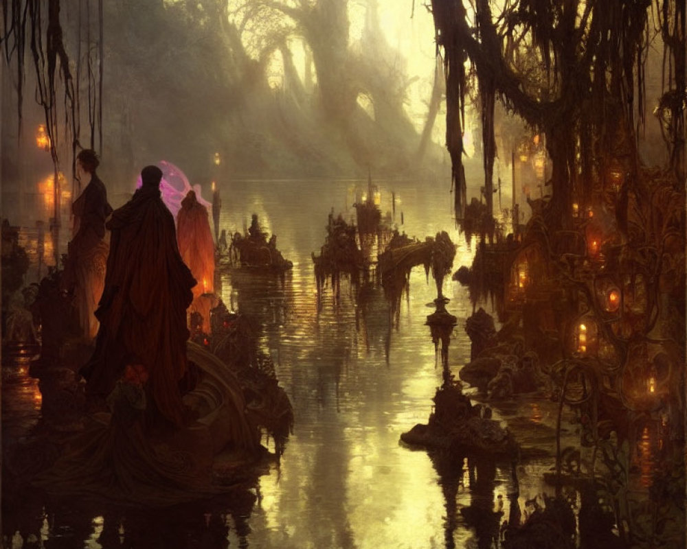 Mystical swamp with lanterns, cloaked figures on boat, dense trees & hanging moss