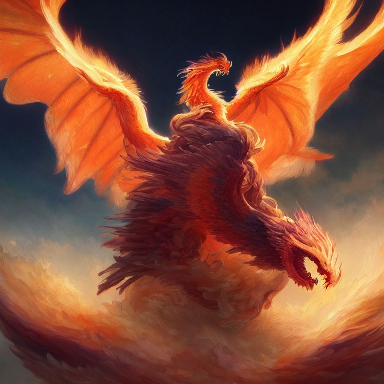 Majestic phoenix with fiery wings in mid-flight against warm-colored sky