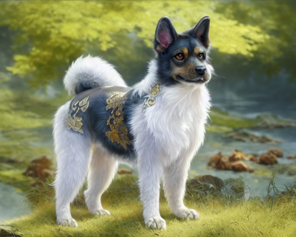 Realistic Dog Digital Painting with Ornate Saddlebags in Serene Forest