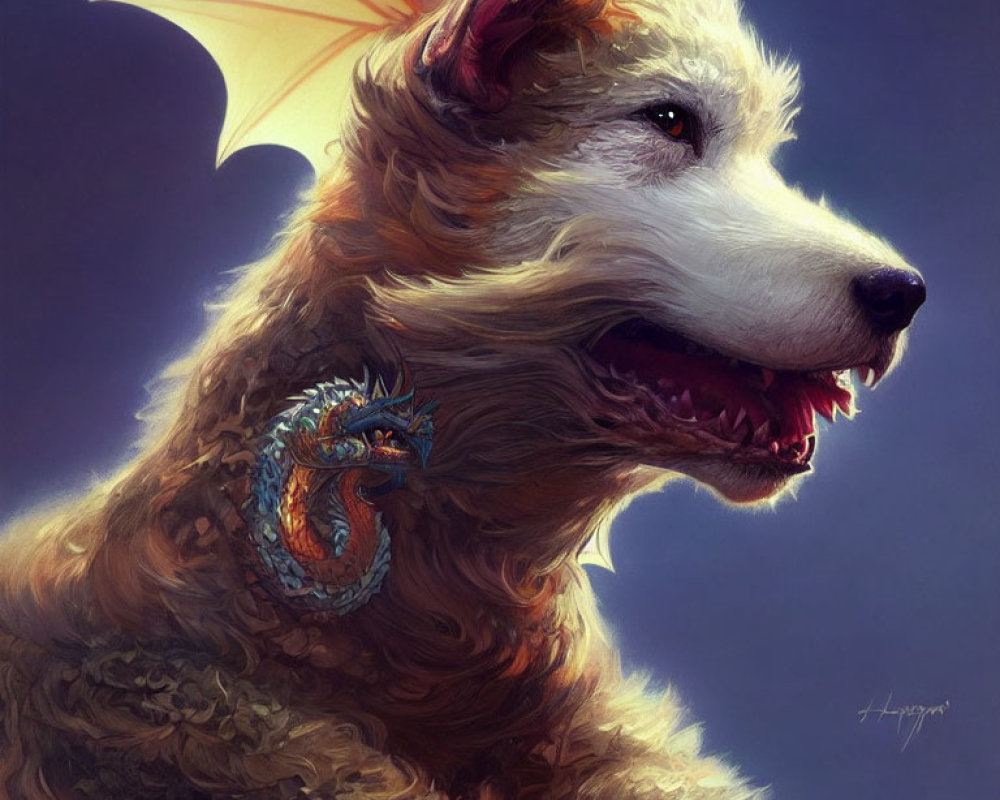 Mythical Dog Digital Painting with Brown Fur and Dragon Wings