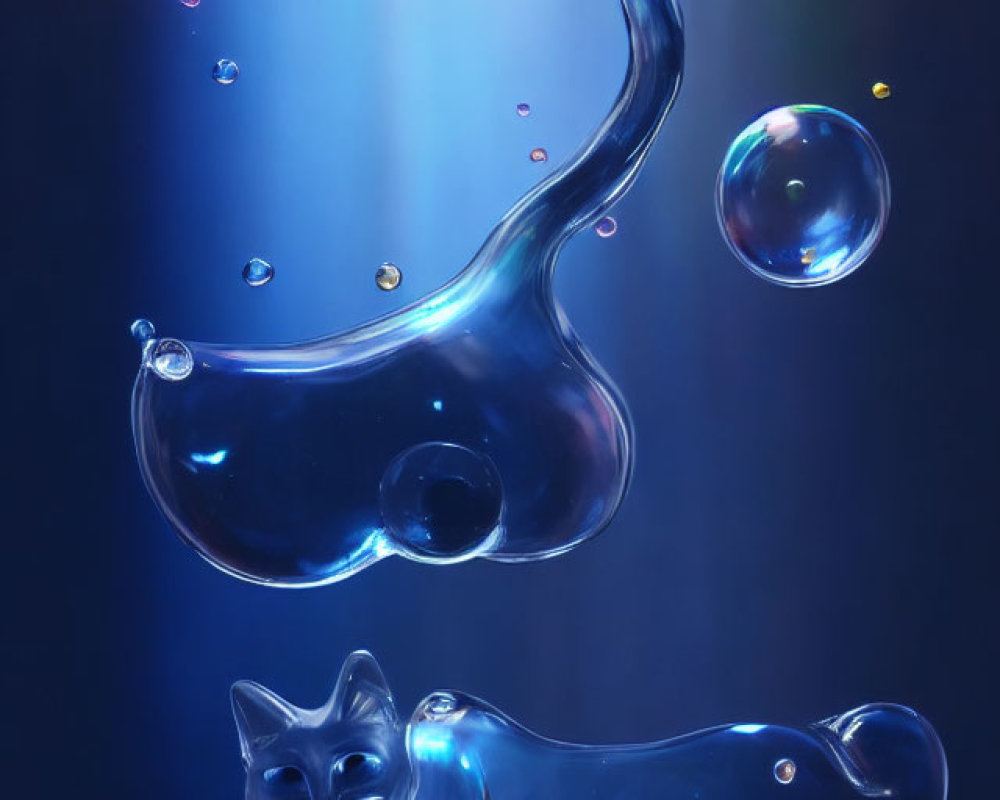 Liquid Cat Shape with Extended Paws and Bubbles in Blue and Purple Light