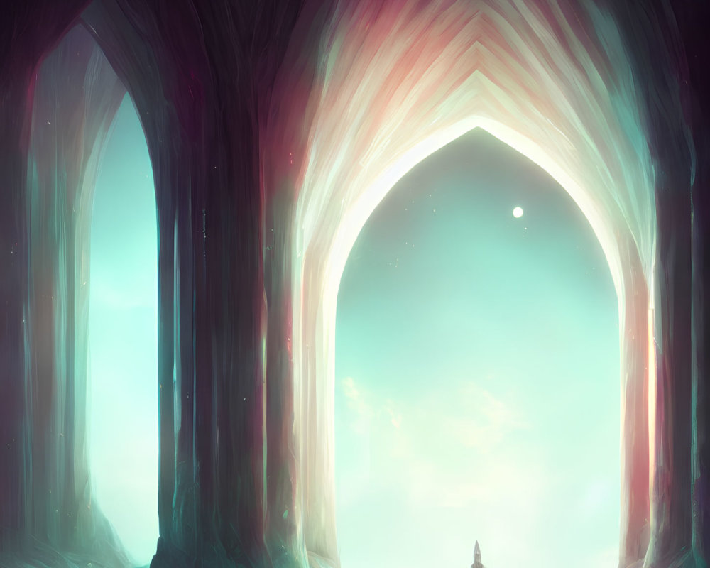 Solitary figure under ethereal archway in mystical forest