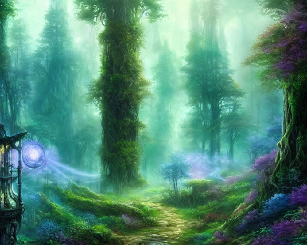 Mystical forest with vibrant green trees and colorful foliage