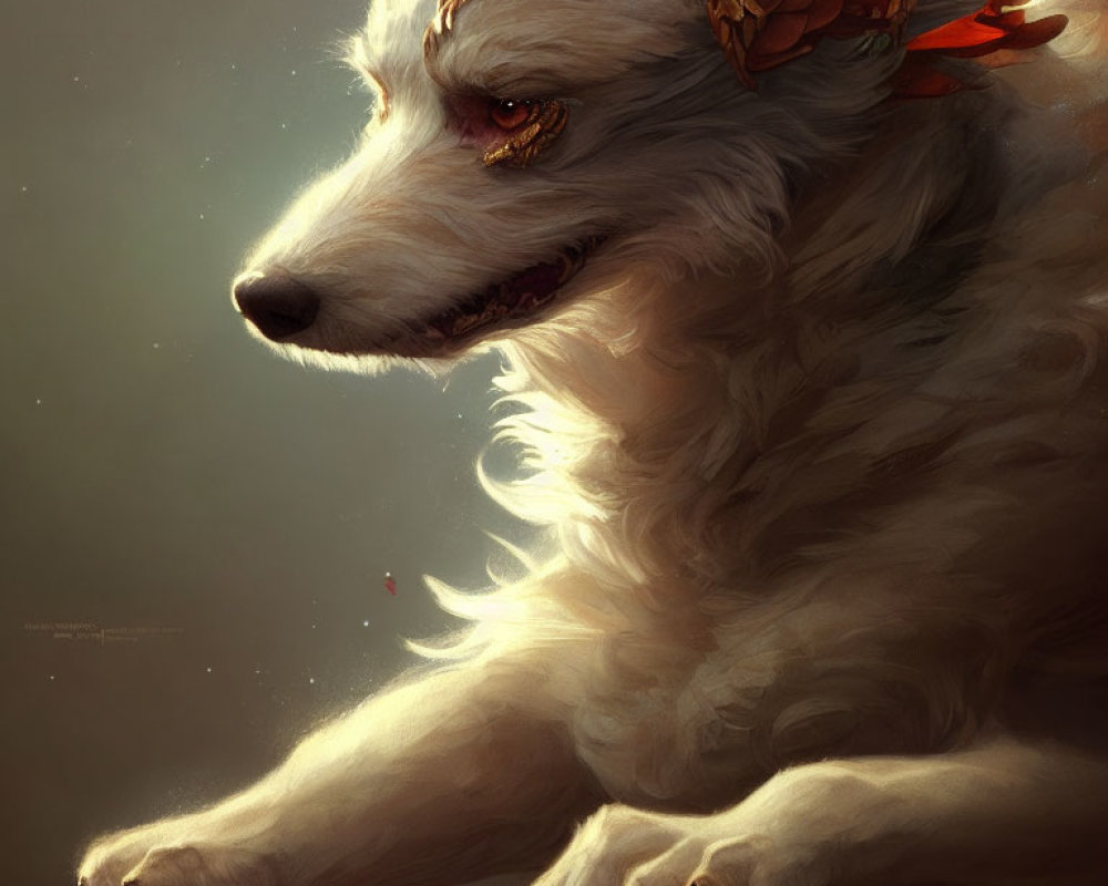 White Majestic Dog with Fantasy Headwear and Golden Embellishments