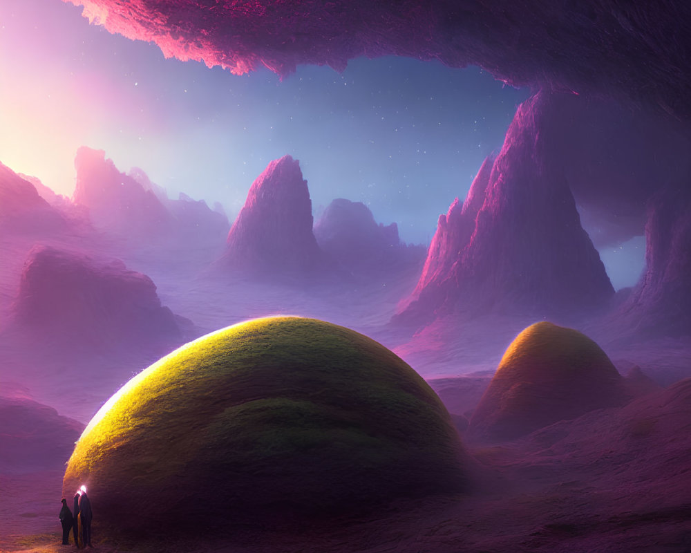 Two figures among glowing mounds under starry sky with mountains and pink nebula.