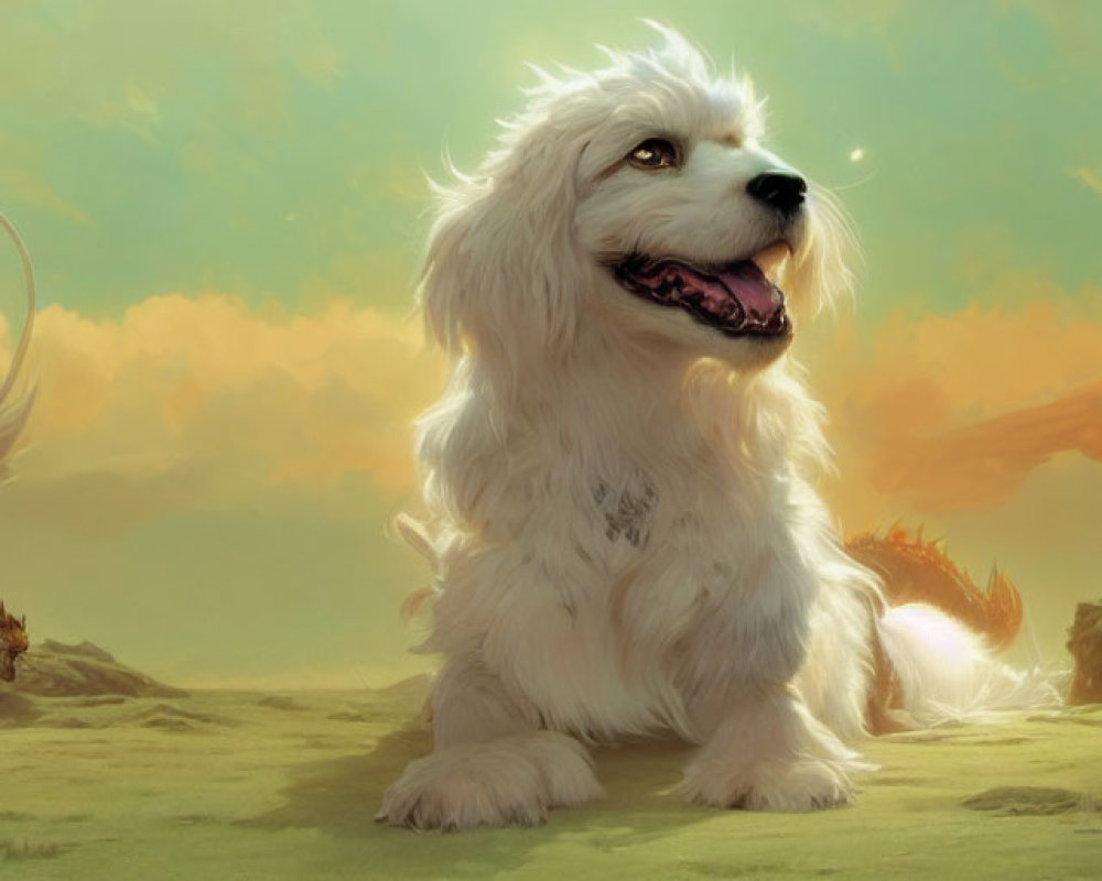 Majestic white dog in fantastical landscape with dragons