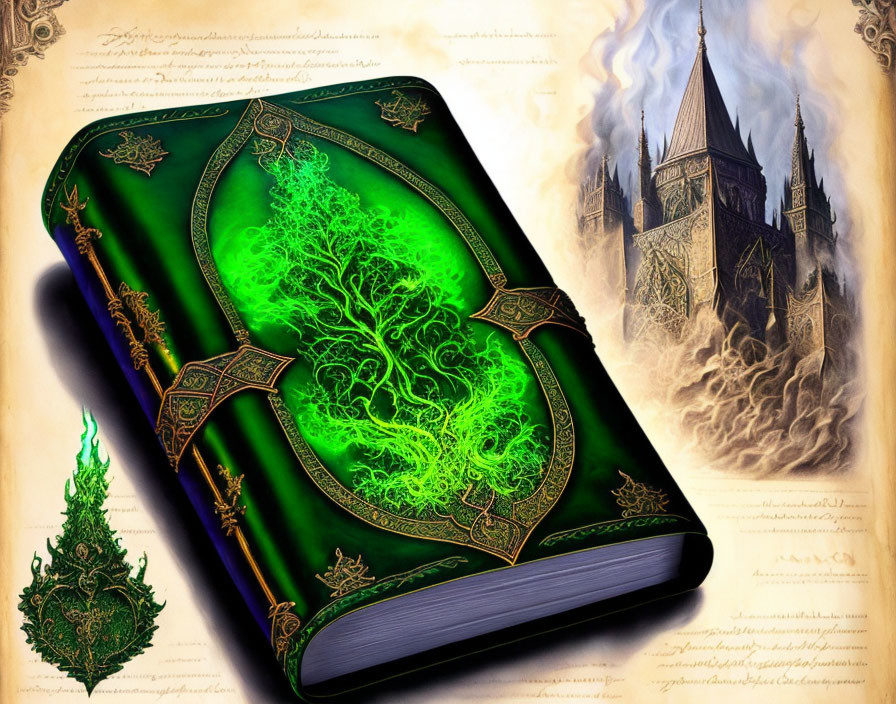 Green and gold ornate book with glowing tree design against misty castle backdrop