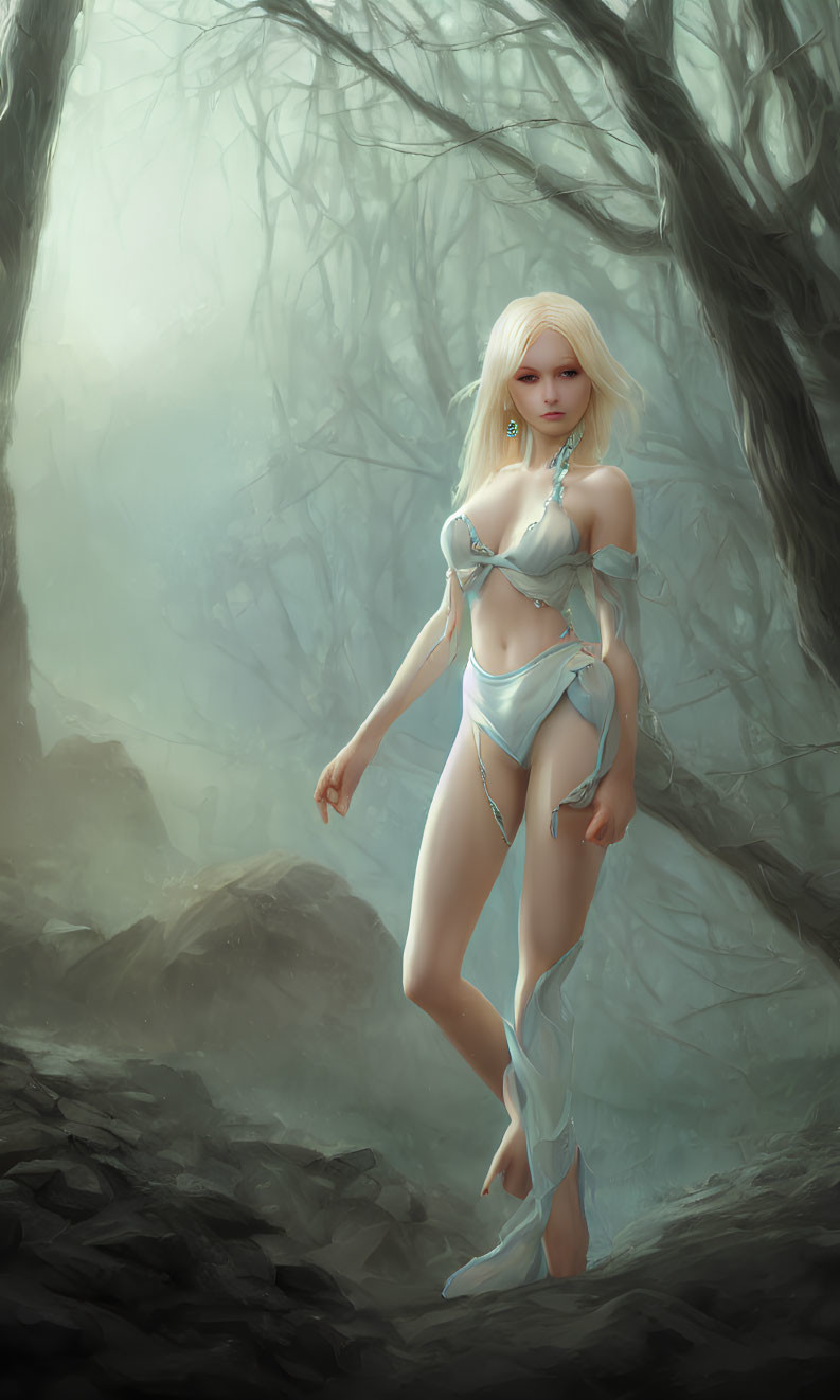 Fantasy female character with blonde hair in mystical forest wearing light blue medieval attire