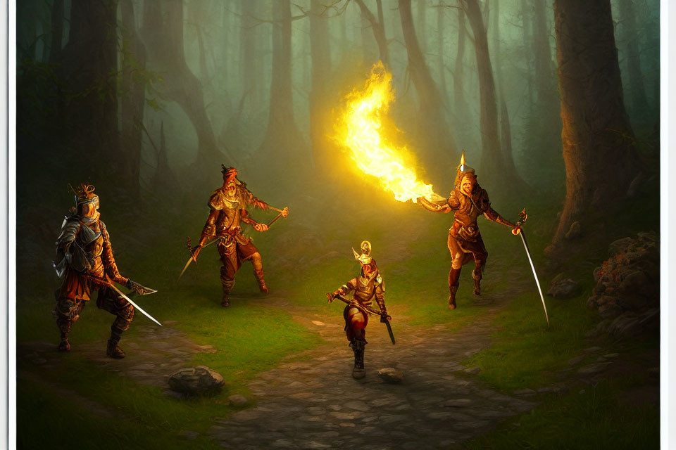 Armored adventurers with torch and swords in misty forest