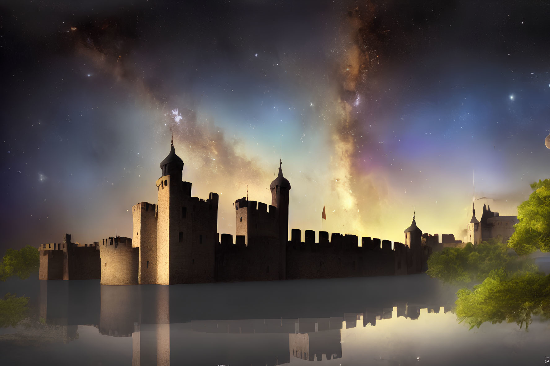Medieval castle with spires and turrets reflecting in tranquil waters under starry sky.