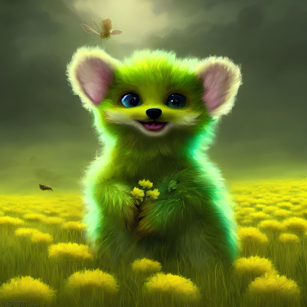 Colorful illustration of fluffy green creature with blue eyes holding flower in field.