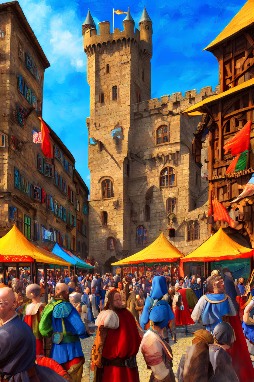 Medieval marketplace with colorful stalls and stone castle