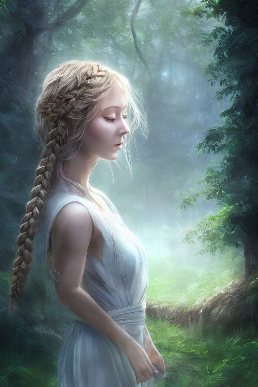 Woman in white gown with long braided hair in misty forest scene