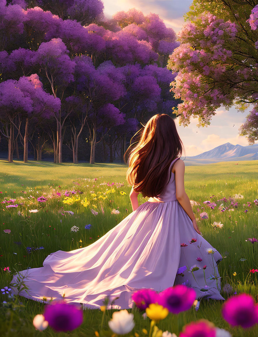 Woman in flowing white dress in vibrant meadow with purple trees and flowers at sunset