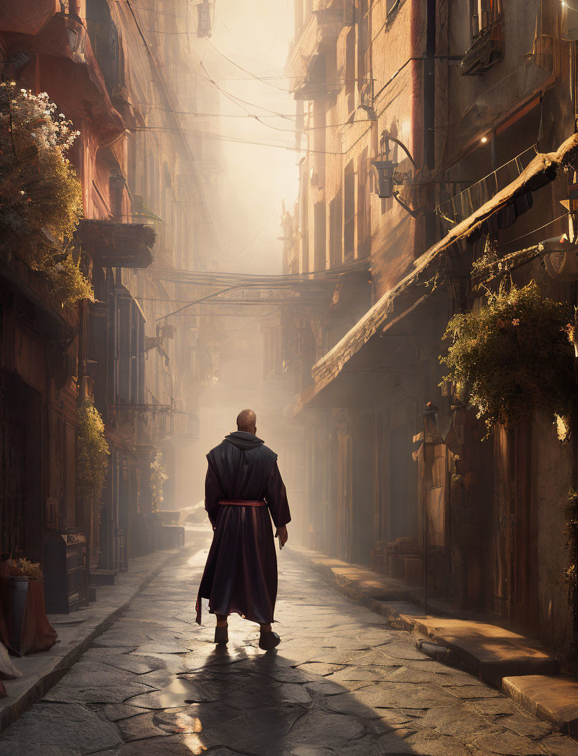 Solitary figure in robe walking down sunlit cobblestone street flanked by old buildings