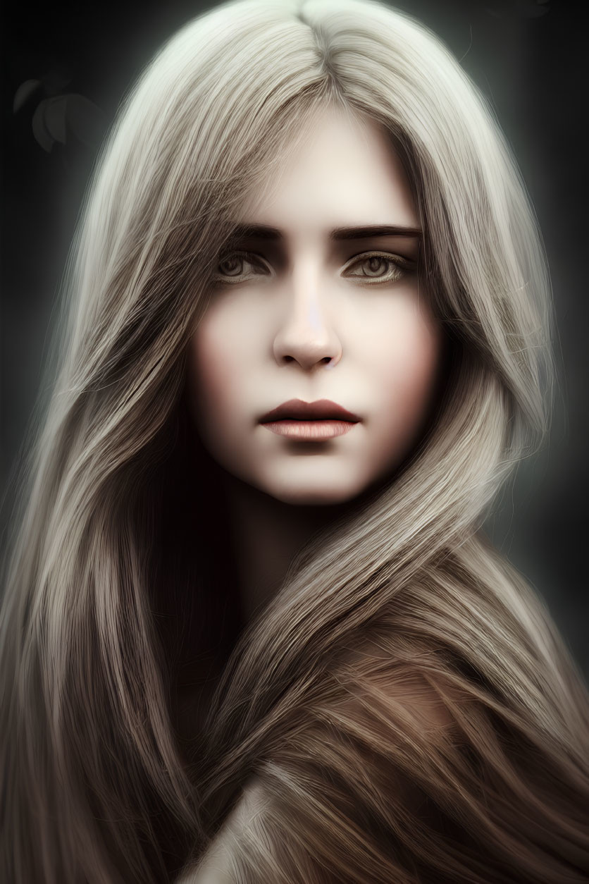 Woman portrait with long flowing hair and intense gaze on dark background