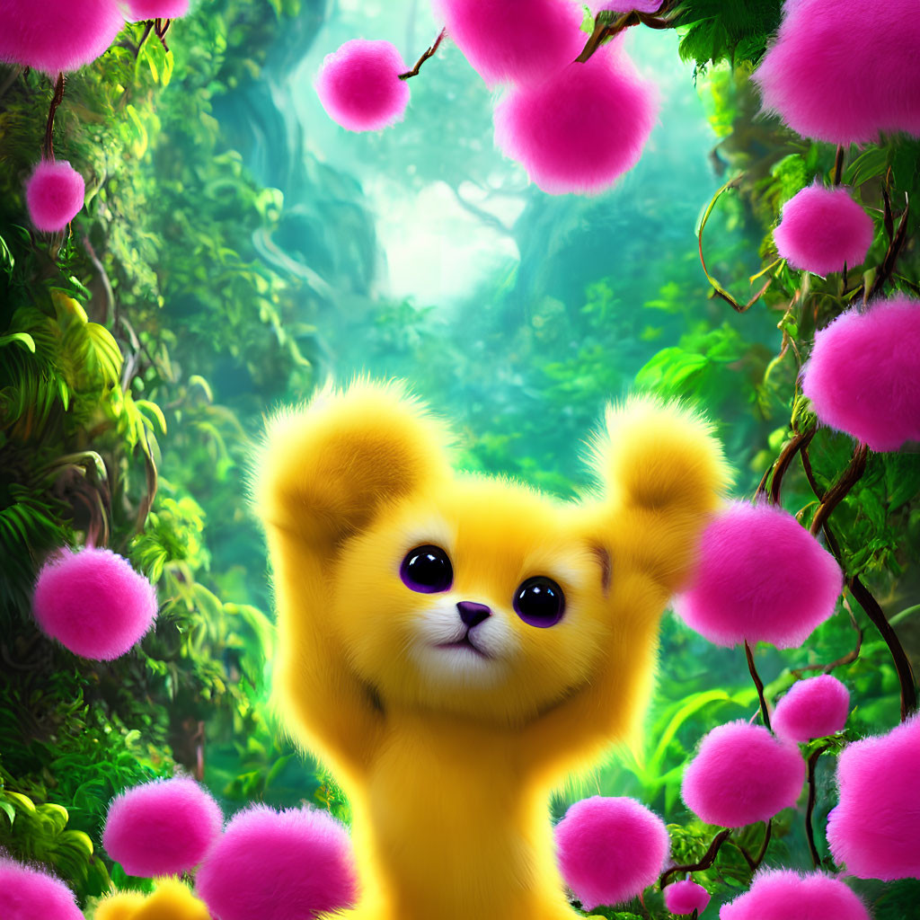 Fluffy yellow creature with large ears in vibrant green foliage