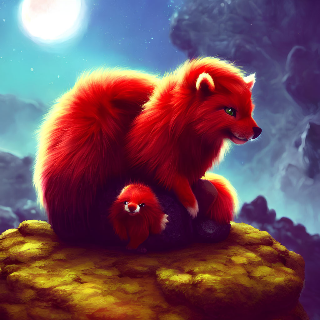 Fantasy fox creatures in moonlit sky scene