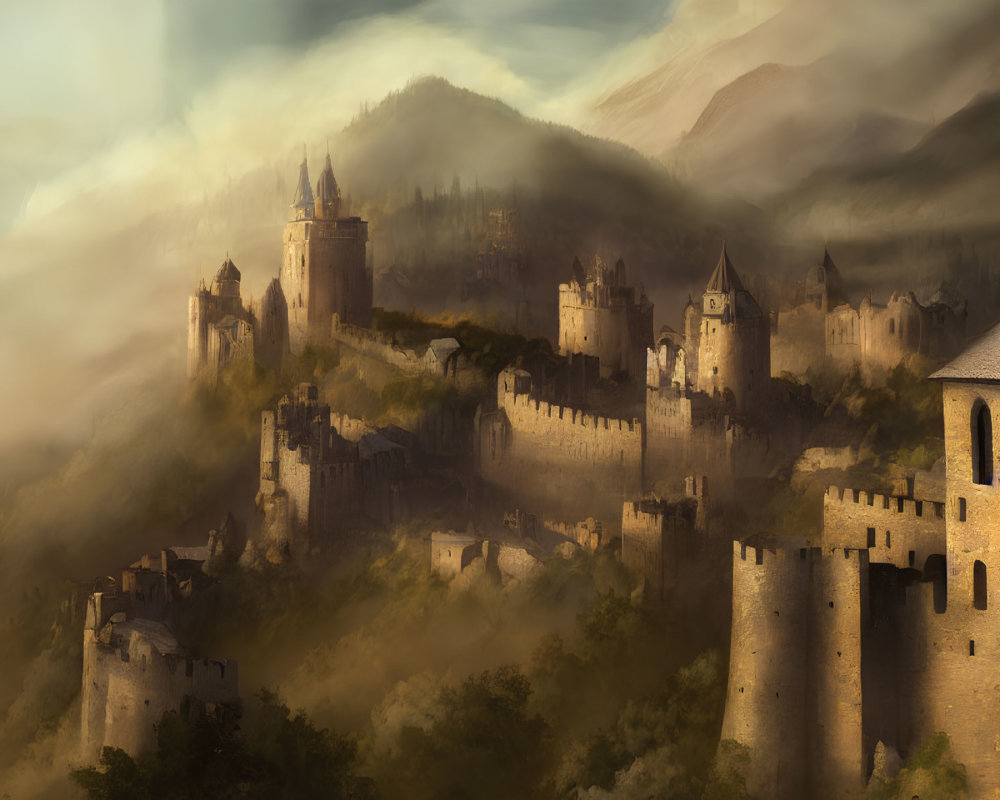 Misty landscape with rolling hills and majestic castle in golden light