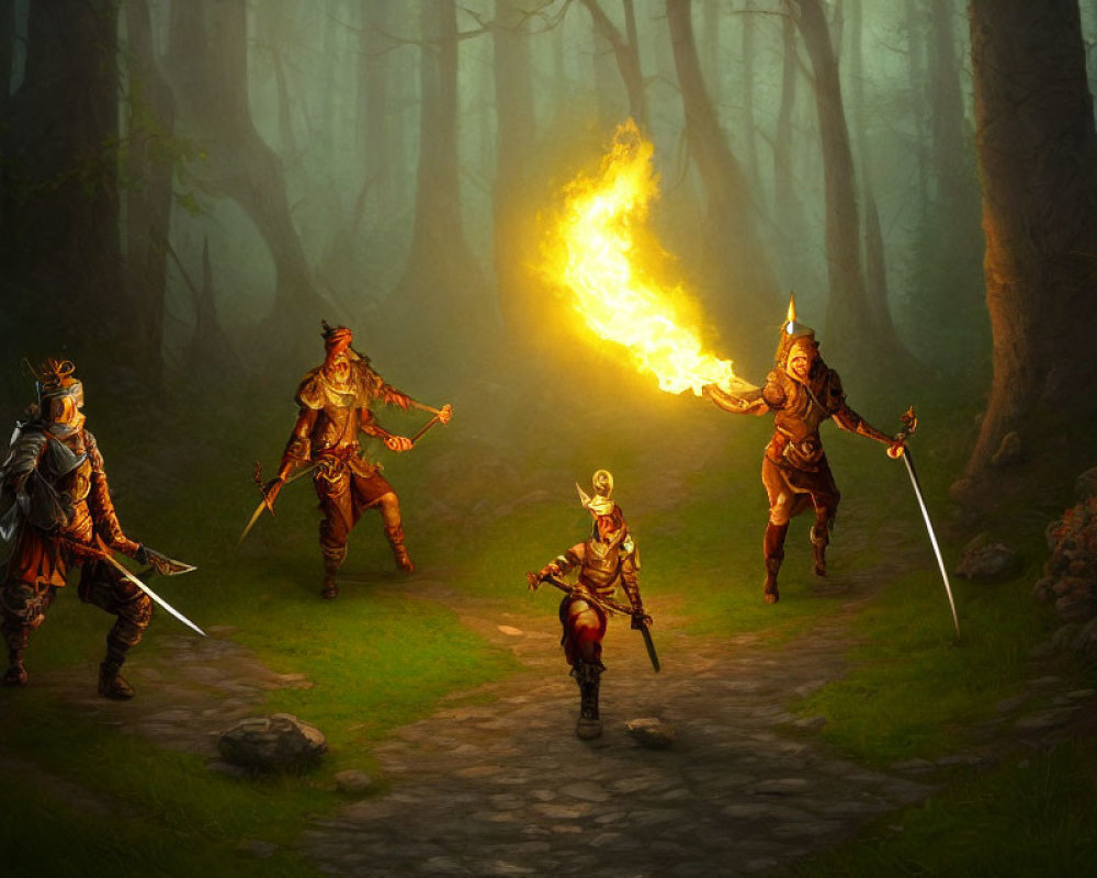 Armored adventurers with torch and swords in misty forest