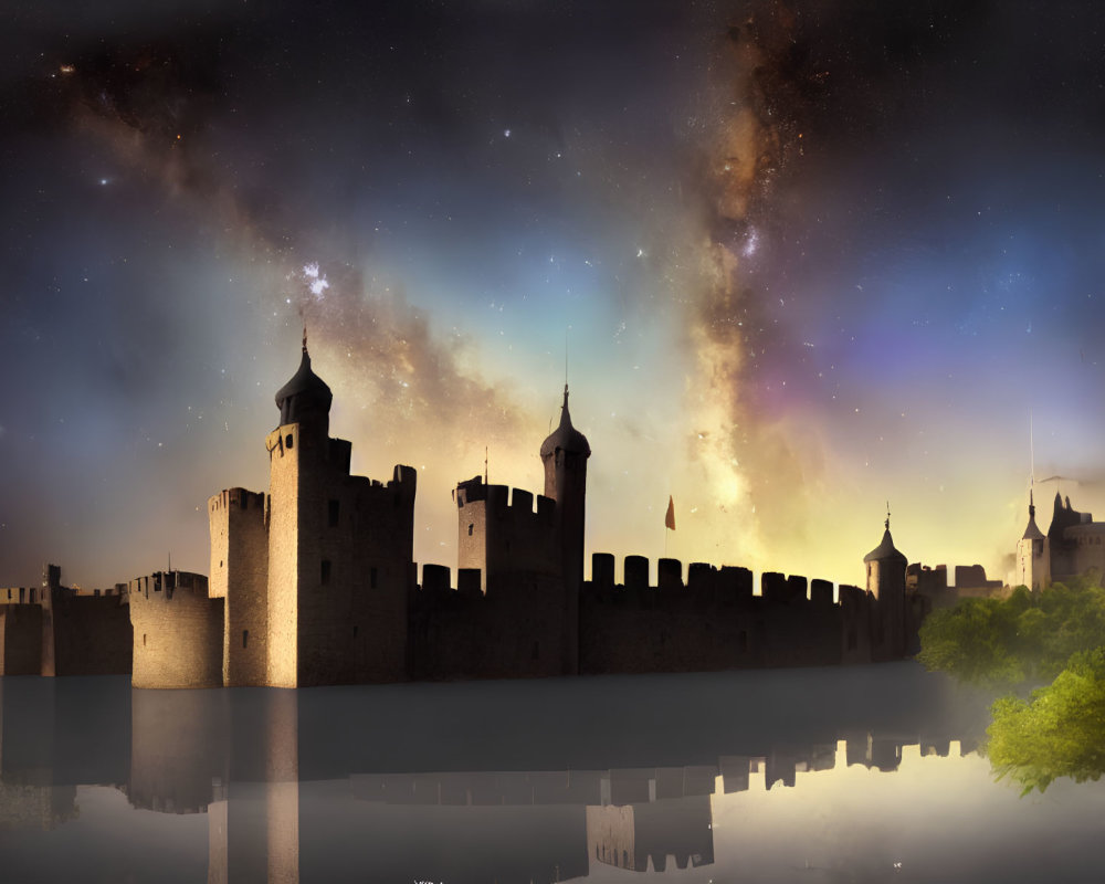 Medieval castle with spires and turrets reflecting in tranquil waters under starry sky.