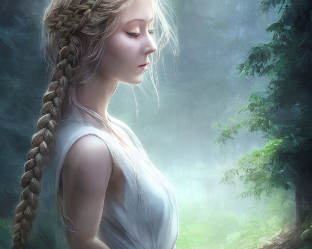 Woman in white gown with long braided hair in misty forest scene