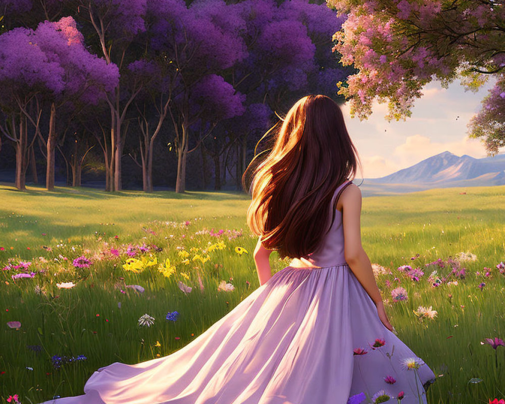 Woman in flowing white dress in vibrant meadow with purple trees and flowers at sunset