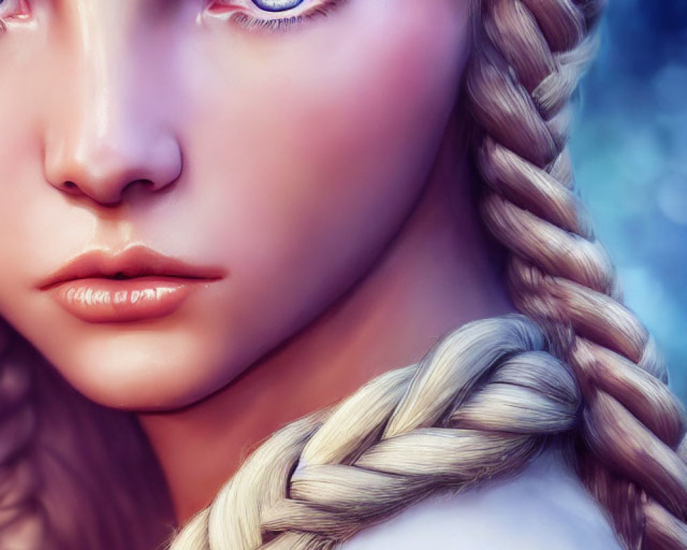 Female character with blue eyes, braided blonde hair, and pale skin in digital art