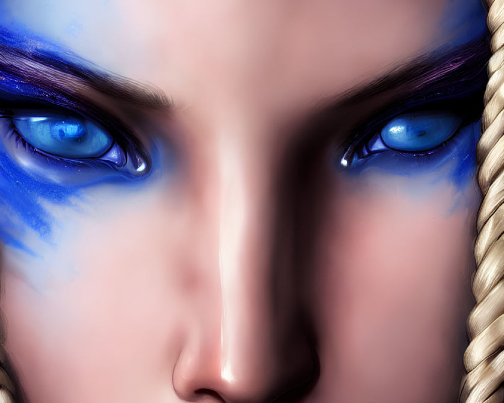 Detailed portrait of digital artwork featuring person with blue eyes, tribal face markings, and blonde braided hair