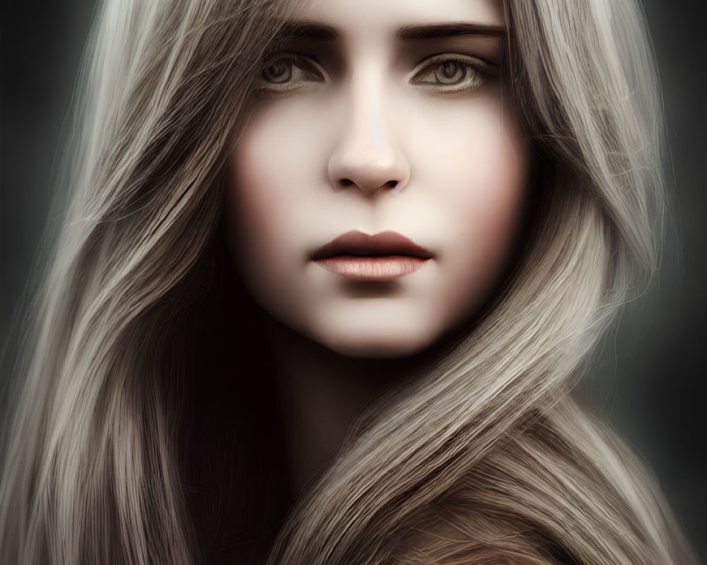 Woman portrait with long flowing hair and intense gaze on dark background