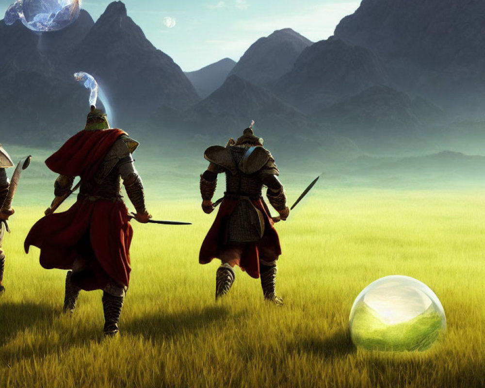 Medieval knights in red capes on grassy field with floating crystals and mountains.