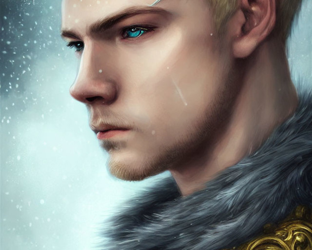 Digital Artwork: Young Man with Platinum Blond Hair and Crown in Golden Armor