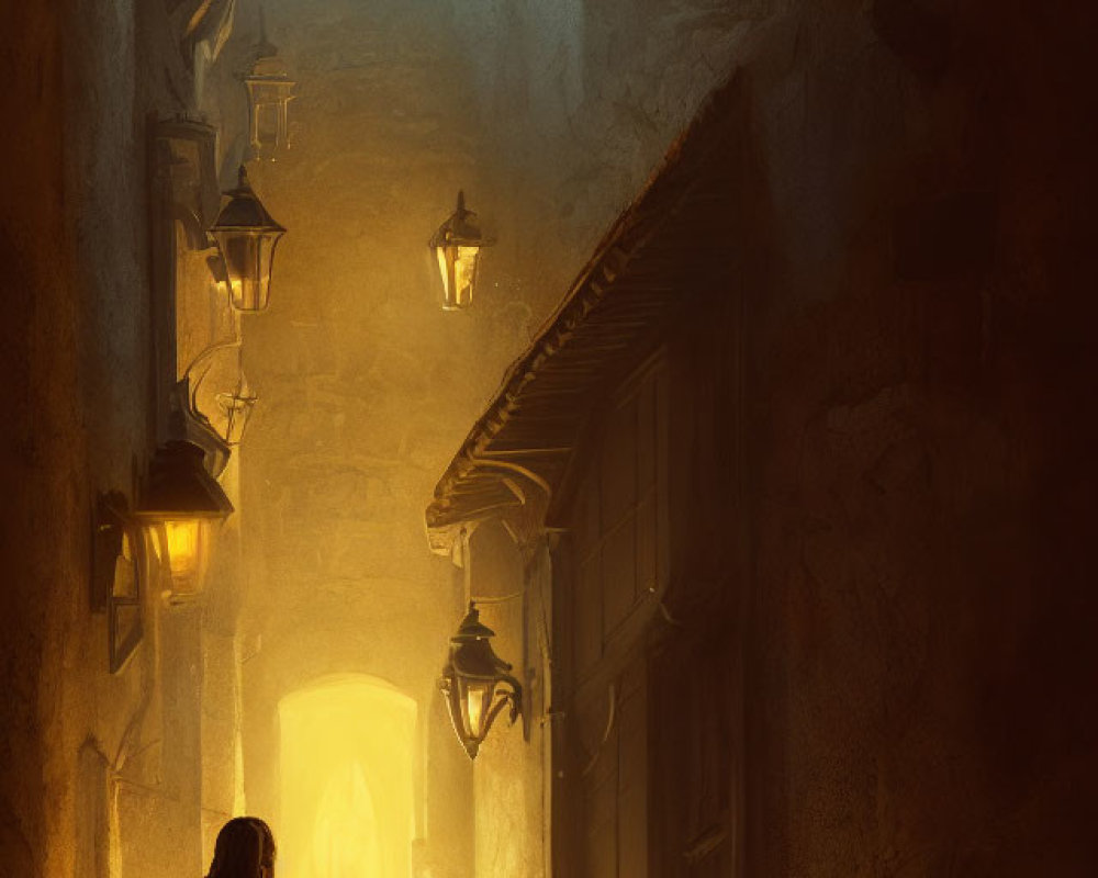 Person in Misty Alley Facing Glowing Archway